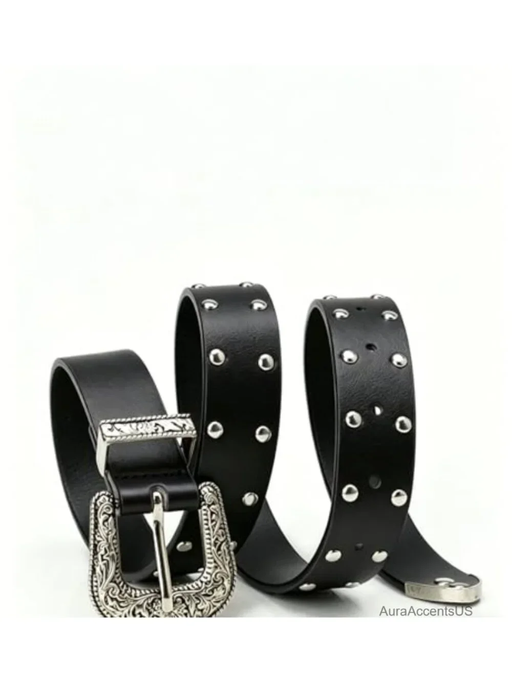 Women PU Leather Western Belt Carved Buckle Rivet Belt